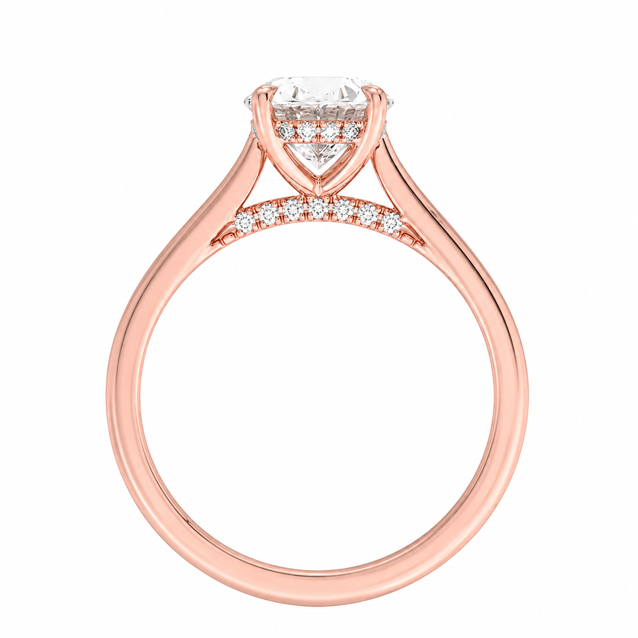 Round Cut Cathedral Setting Lab Grown Diamond Ring with Hidden Halo and Pavé Bridge ✧ 1-4 Carat