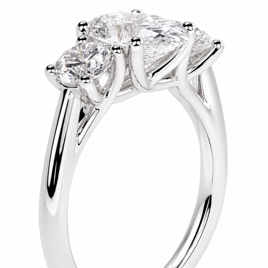 Oval Cut Lab Grown Trilogy Diamond Ring With Round Side Stones ✧ 1-4 Carat
