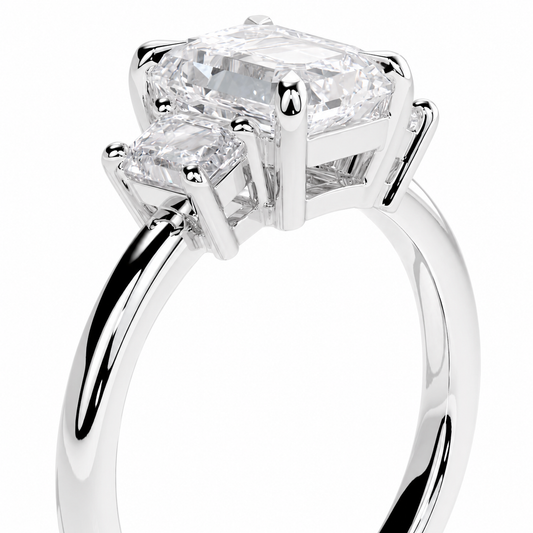 Emerald Cut Lab Grown Trilogy Diamond Ring With Emerald Side Stones ✧ 1-4 Carat