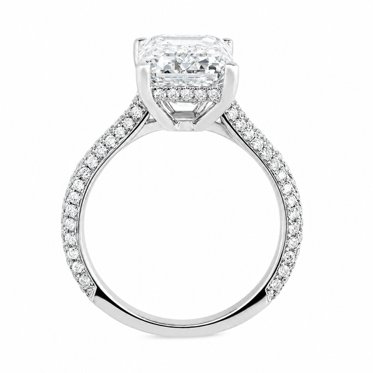 Emerald Cut Hidden Halo Lab Grown Diamond Ring with 3-side Pavé Band ✧ 1-4 Carat