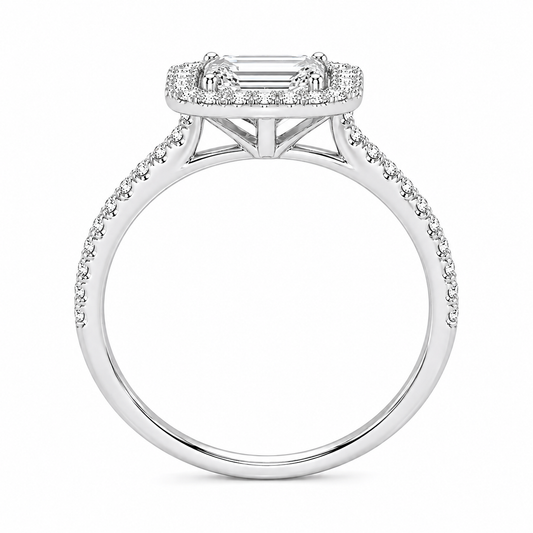 Emerald Cut Halo Lab Grown Diamond Ring with Pavé Band ✧ 1-4 Carat