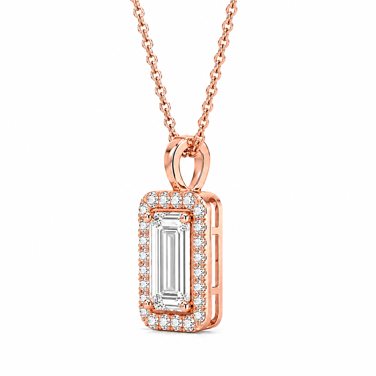 Emerald Cut With Halo Lab Grown Diamond Pendant with Chain ✧ 1–4 Carat