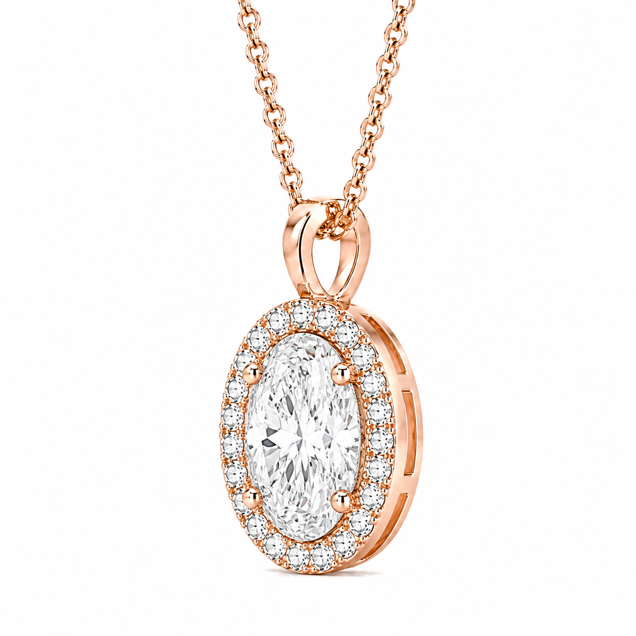 Oval Cut With Halo Lab Grown Diamond Pendant with Chain ✧ 1–4 Carat