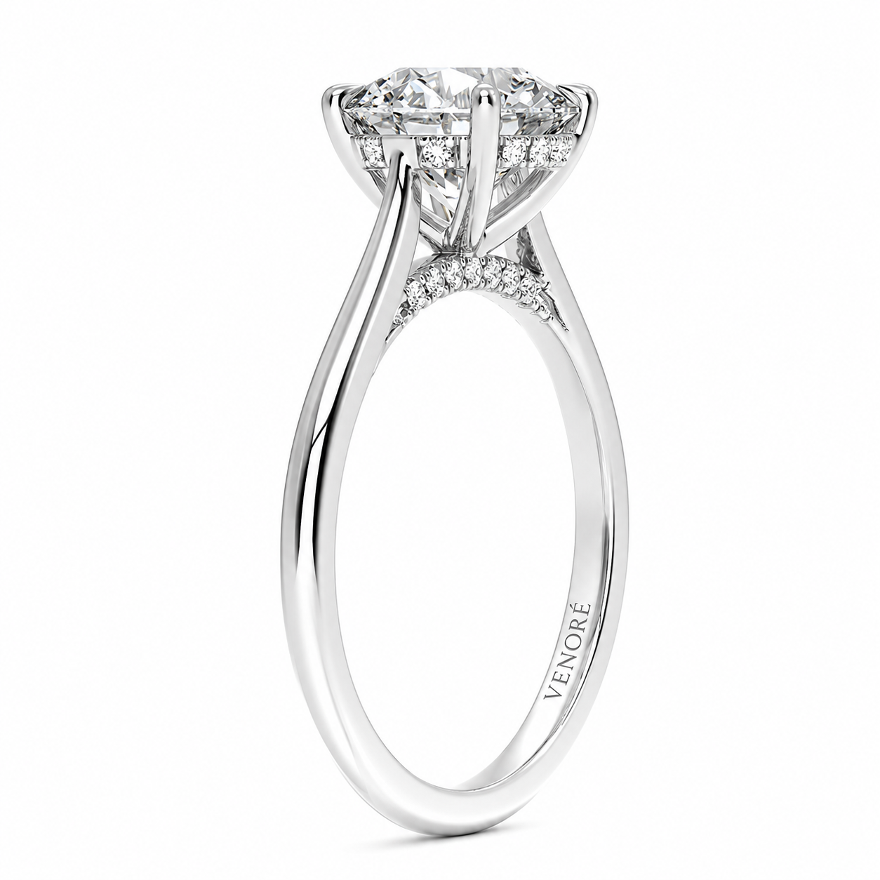 Round Cut Cathedral Setting Lab Grown Diamond Ring with Hidden Halo and Pavé Bridge ✧ 1-4 Carat