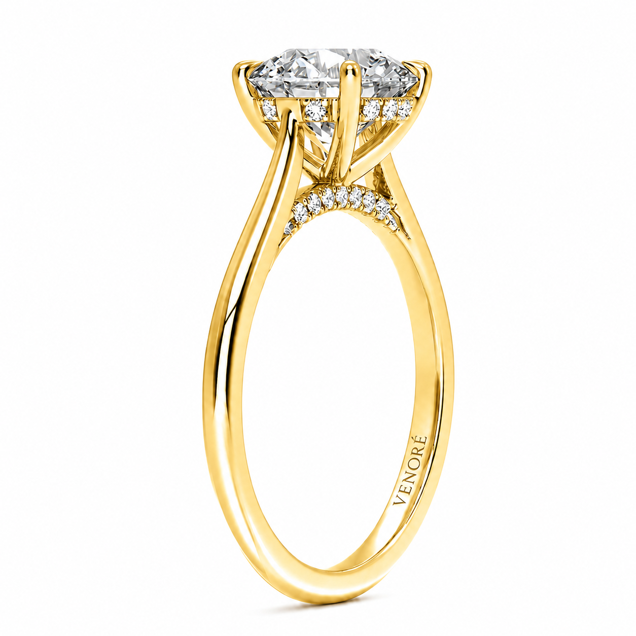 Round Cut Cathedral Setting Lab Grown Diamond Ring with Hidden Halo and Pavé Bridge ✧ 1-4 Carat