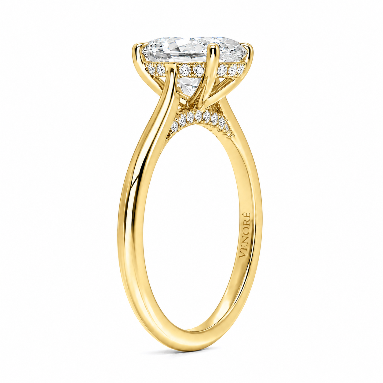 Oval Cut Cathedral Setting Lab Grown Diamond Ring with Hidden Halo and Pavé Bridge ✧ 1-4 Carat