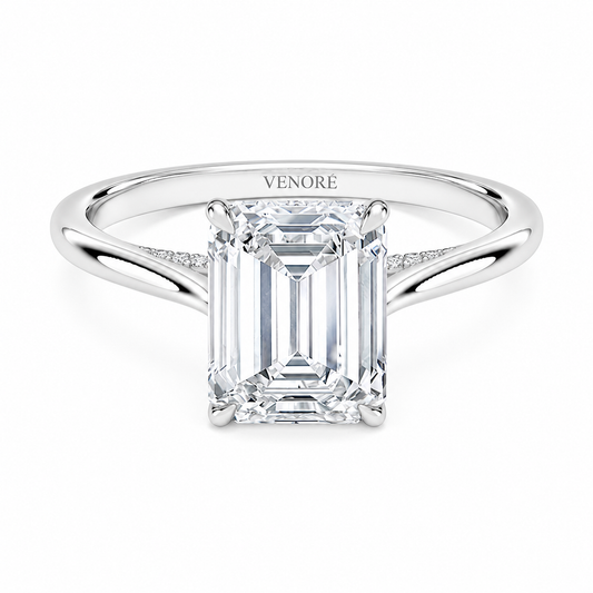 Emerald Cut Cathedral Setting Lab Grown Diamond Ring with Hidden Halo and Pavé Bridge ✧ 1-4 Carat