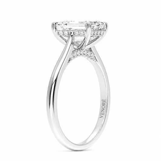 Emerald Cut Cathedral Setting Lab Grown Diamond Ring with Hidden Halo and Pavé Bridge ✧ 1-4 Carat