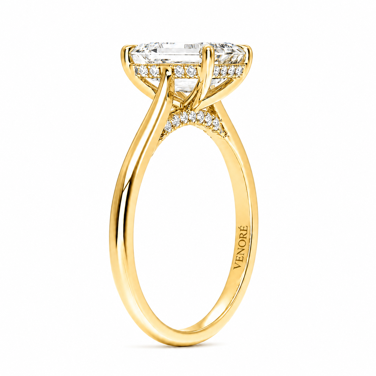 Emerald Cut Cathedral Setting Lab Grown Diamond Ring with Hidden Halo and Pavé Bridge ✧ 1-4 Carat