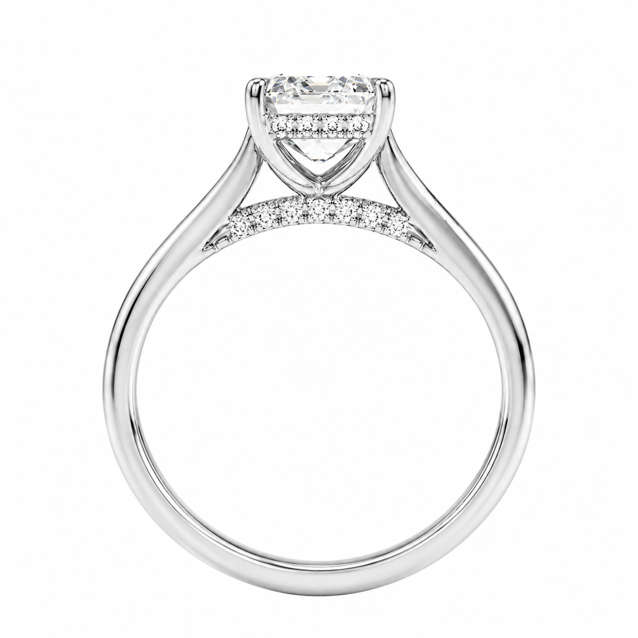 Emerald Cut Cathedral Setting Lab Grown Diamond Ring with Hidden Halo and Pavé Bridge ✧ 1-4 Carat