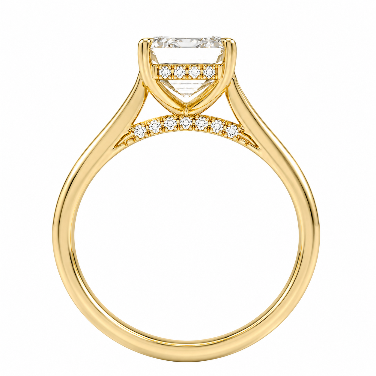 Emerald Cut Cathedral Setting Lab Grown Diamond Ring with Hidden Halo and Pavé Bridge ✧ 1-4 Carat