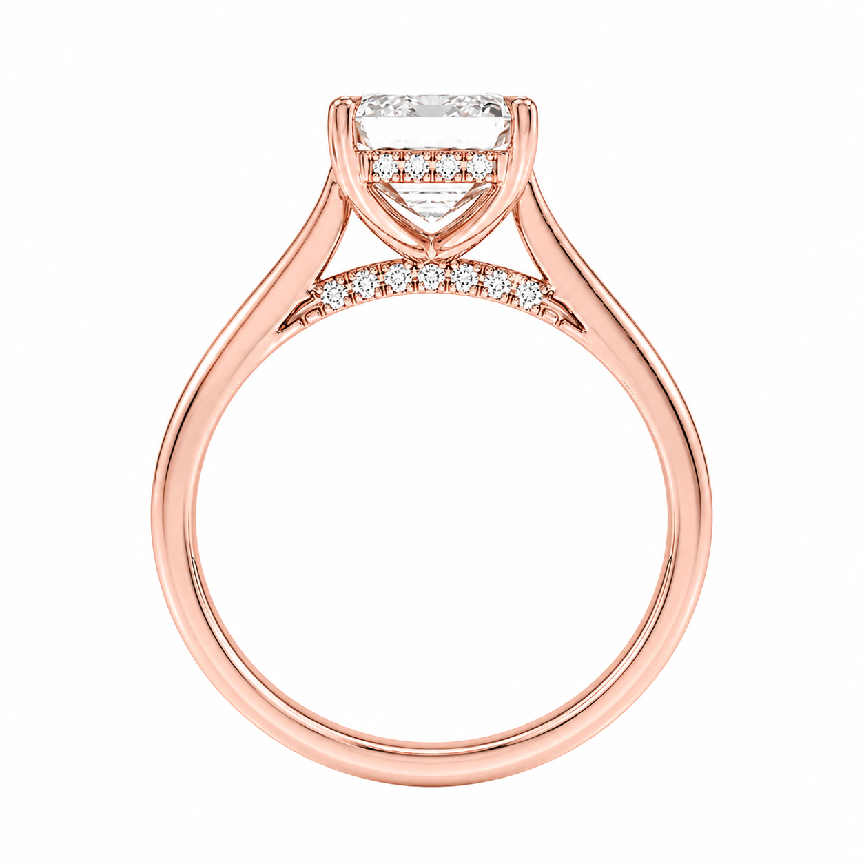 Emerald Cut Cathedral Setting Lab Grown Diamond Ring with Hidden Halo and Pavé Bridge ✧ 1-4 Carat