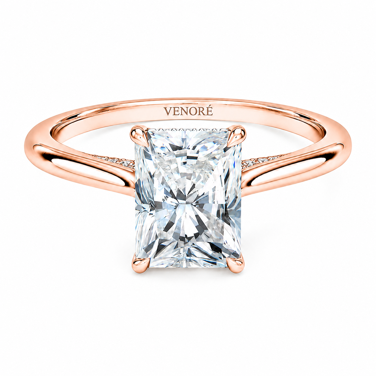 Radiant Cut Cathedral Setting Lab Grown Diamond Ring with Hidden Halo and Pavé Bridge ✧ 1-4 Carat