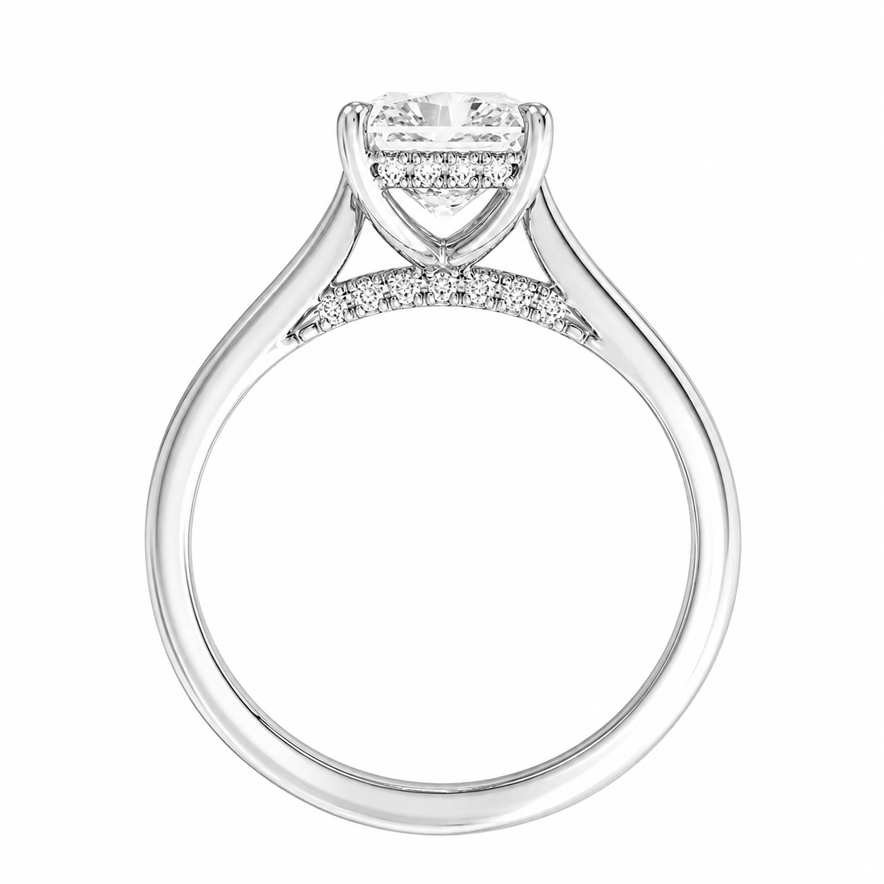 Radiant Cut Cathedral Setting Lab Grown Diamond Ring with Hidden Halo and Pavé Bridge ✧ 1-4 Carat
