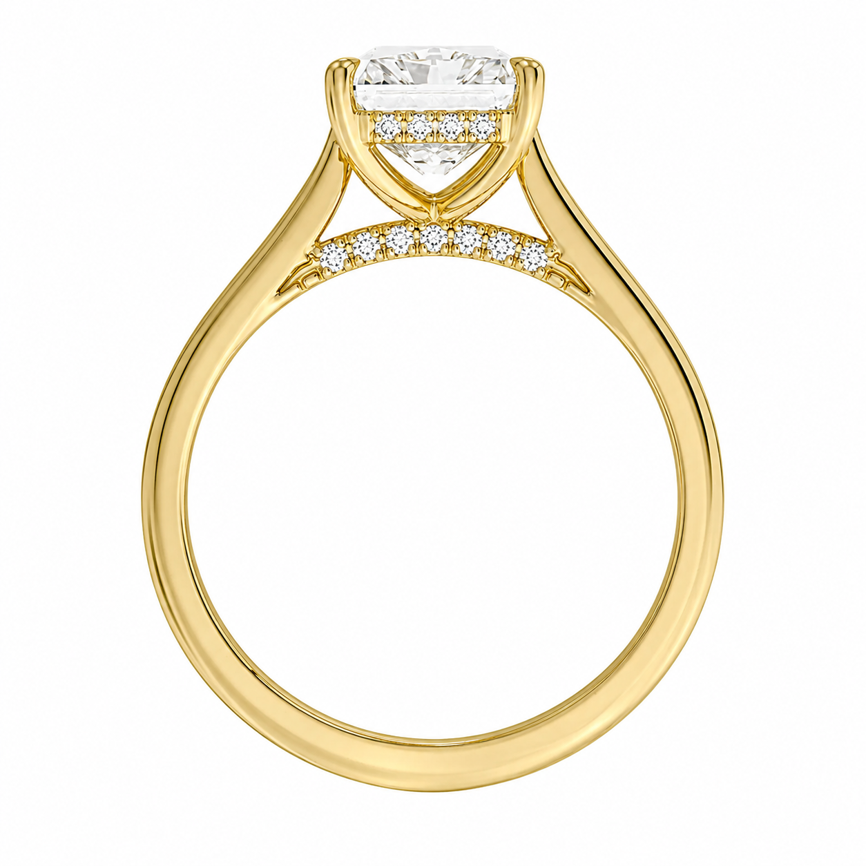 Radiant Cut Cathedral Setting Lab Grown Diamond Ring with Hidden Halo and Pavé Bridge ✧ 1-4 Carat