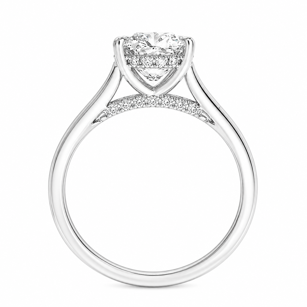 Cushion Cut Cathedral Setting Lab Grown Diamond Ring with Hidden Halo and Pavé Bridge ✧ 1-4 Carat