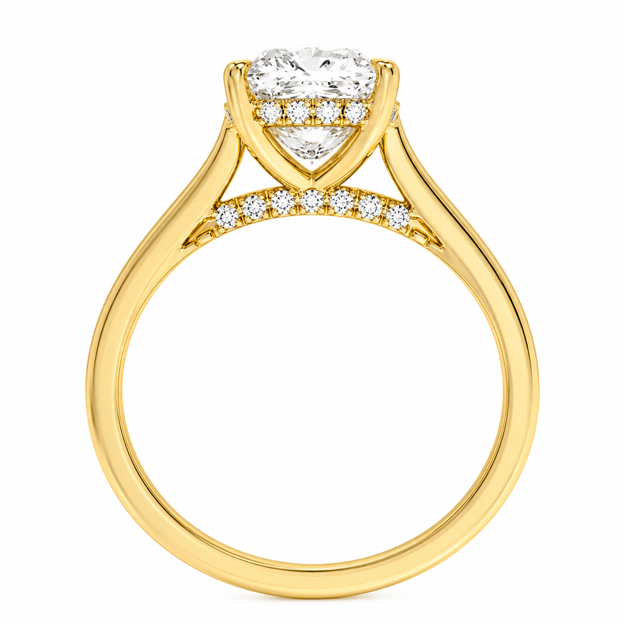 Cushion Cut Cathedral Setting Lab Grown Diamond Ring with Hidden Halo and Pavé Bridge ✧ 1-4 Carat