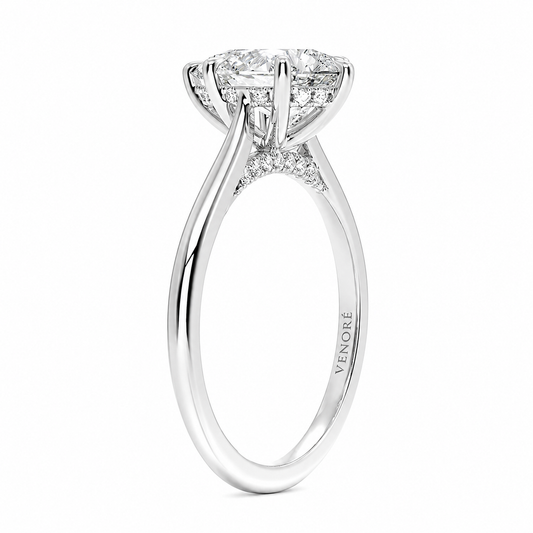 Pear Cut Cathedral Setting Lab Grown Diamond Ring with Hidden Halo and Pavé Bridge ✧ 1-4 Carat