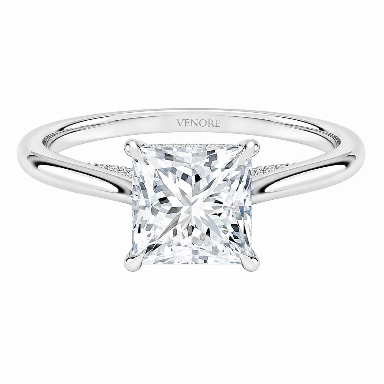 Princess Cut Cathedral Setting Lab Grown Diamond Ring with Hidden Halo and Pavé Bridge ✧ 1-4 Carat