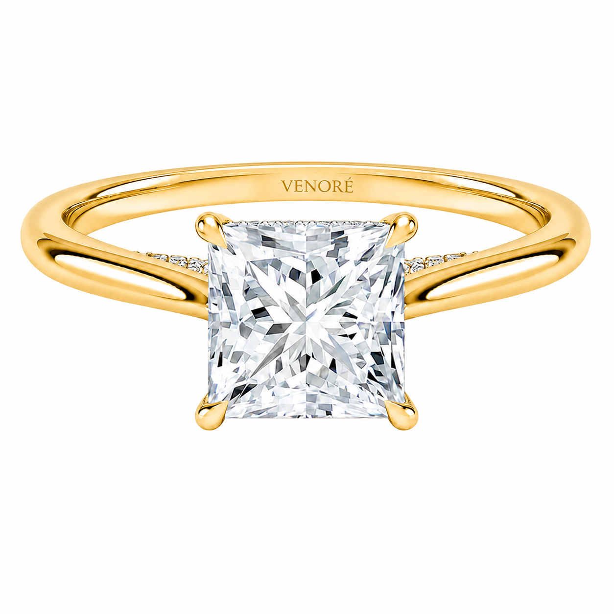 Princess Cut Cathedral Setting Lab Grown Diamond Ring with Hidden Halo and Pavé Bridge ✧ 1-4 Carat
