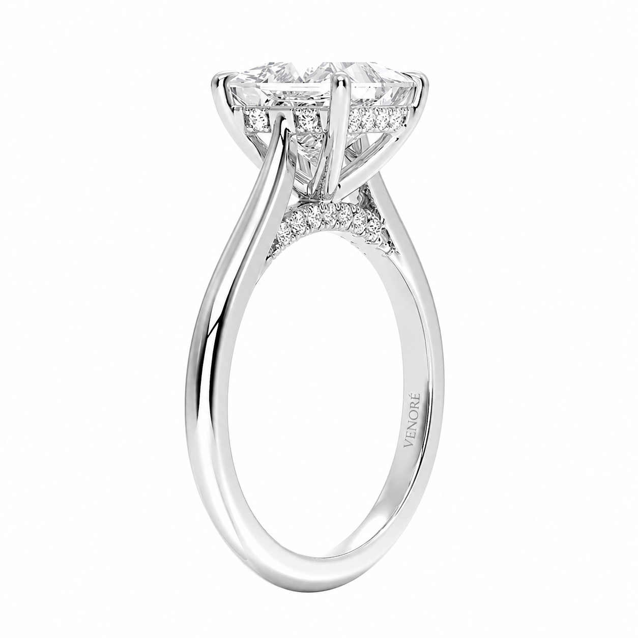 Princess Cut Cathedral Setting Lab Grown Diamond Ring with Hidden Halo and Pavé Bridge ✧ 1-4 Carat