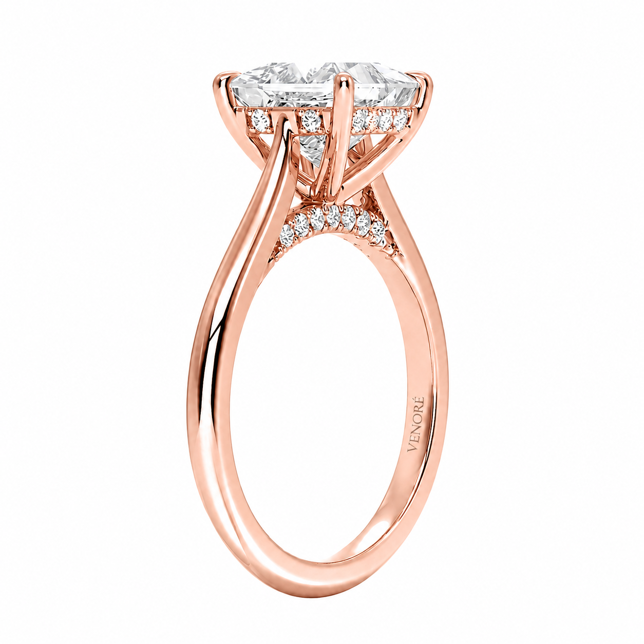 Princess Cut Cathedral Setting Lab Grown Diamond Ring with Hidden Halo and Pavé Bridge ✧ 1-4 Carat