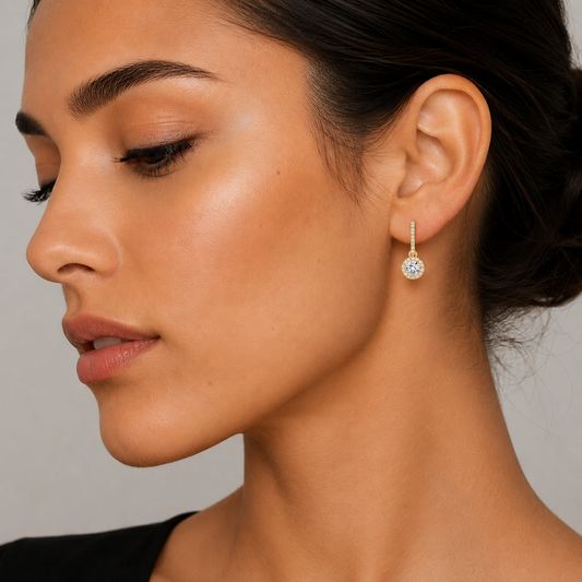 Solène - Round Cut With Halo Lab Grown Diamond Drop Earrings ✧ 1.5 Carat