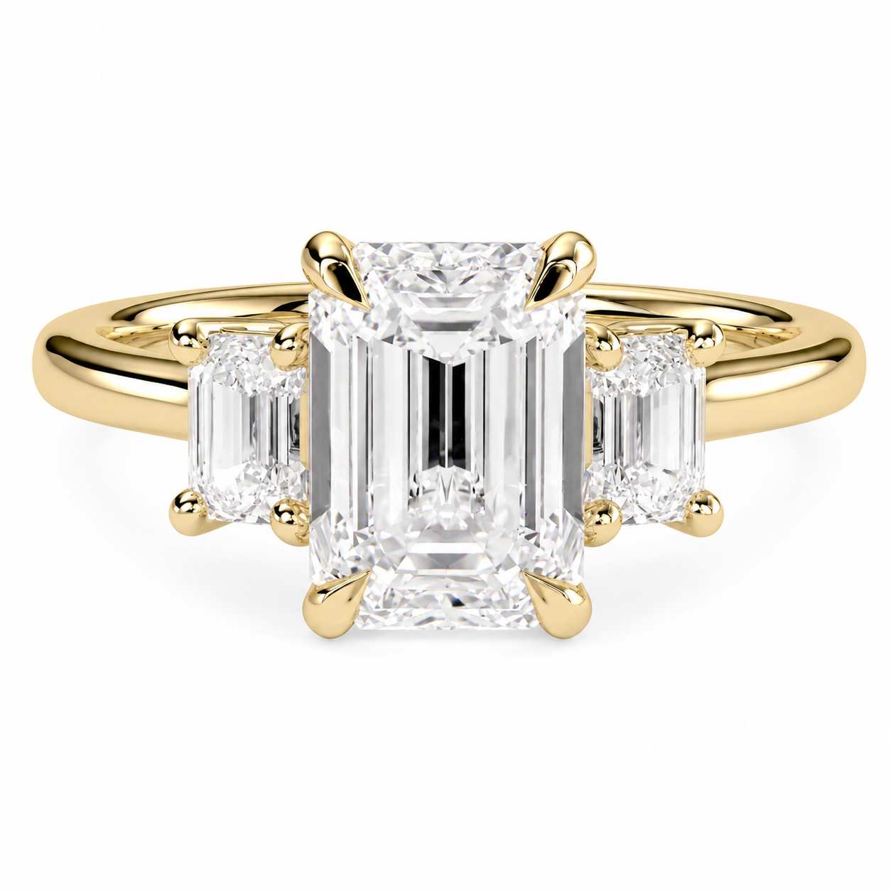 Emerald Cut Lab Grown Trilogy Diamond Ring With Emerald Side Stones ✧ 1-4 Carat