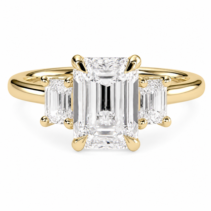 Emerald Cut Lab Grown Trilogy Diamond Ring With Emerald Side Stones ✧ 1-4 Carat