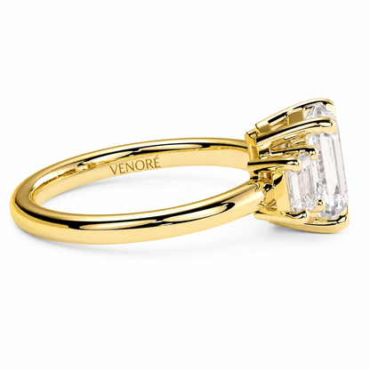 Emerald Cut Lab Grown Trilogy Diamond Ring With Emerald Side Stones ✧ 1-4 Carat