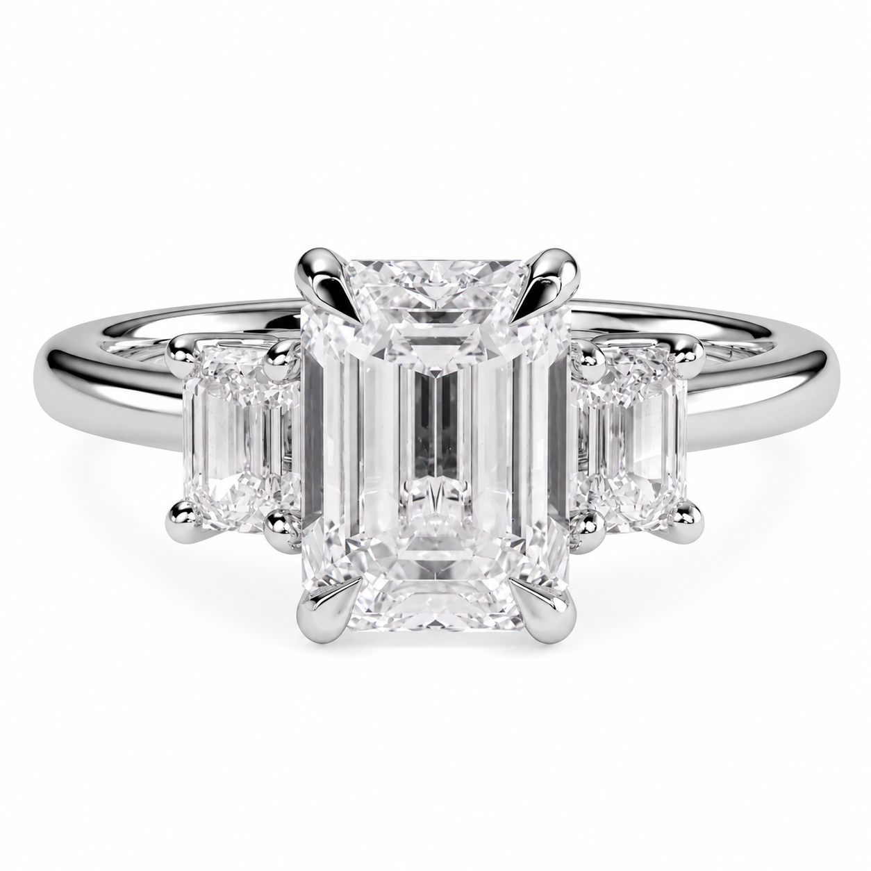 Emerald Cut Lab Grown Trilogy Diamond Ring With Emerald Side Stones ✧ 1-4 Carat