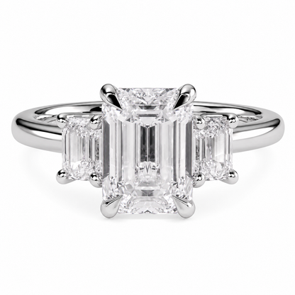 Emerald Cut Lab Grown Trilogy Diamond Ring With Emerald Side Stones ✧ 1-4 Carat