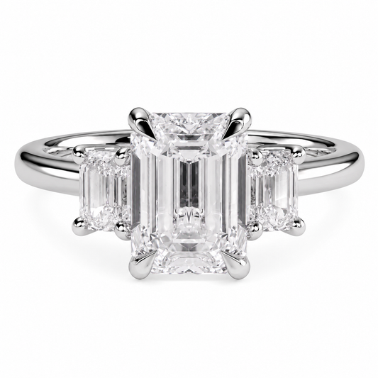 Emerald Cut Lab Grown Trilogy Diamond Ring With Emerald Side Stones ✧ 1-4 Carat