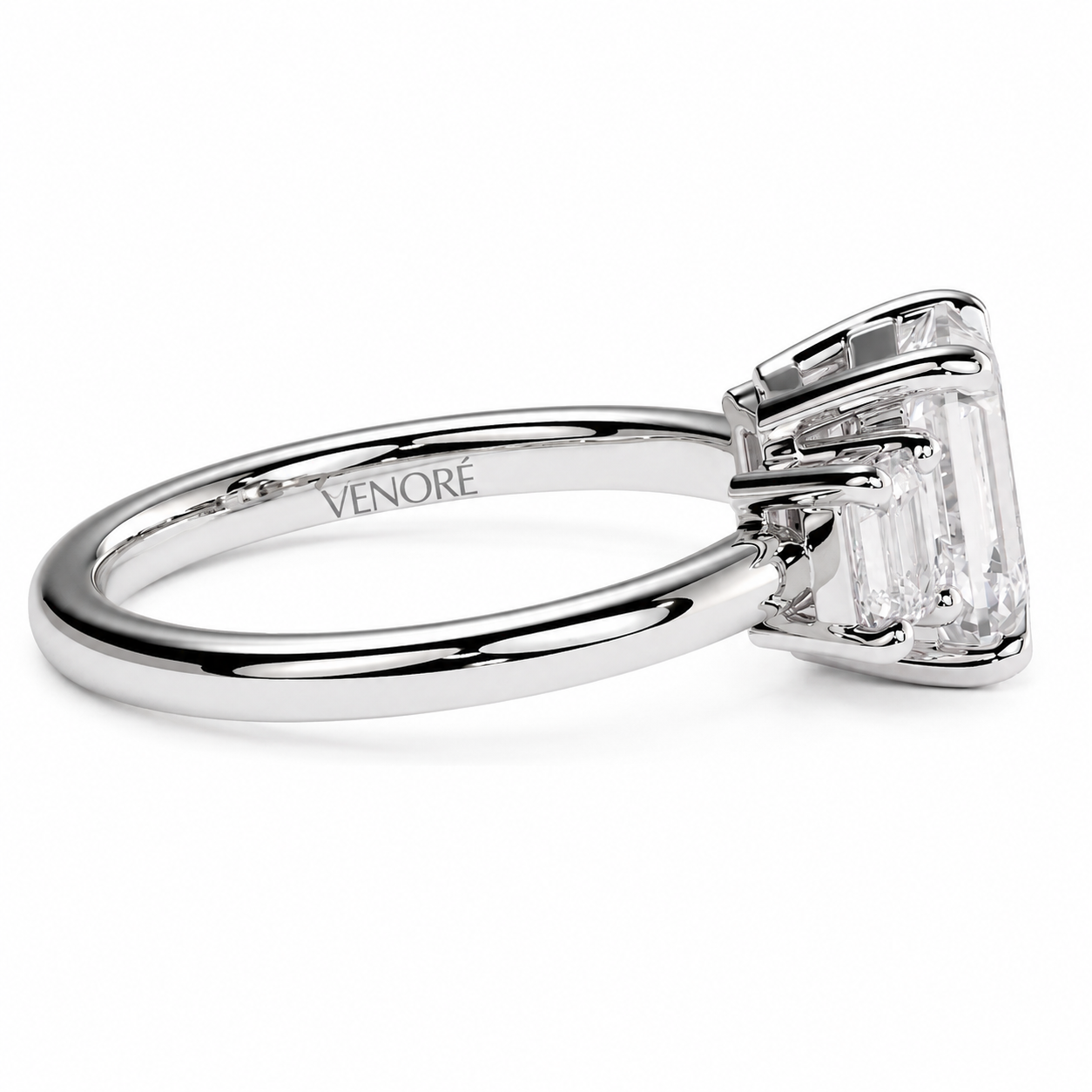 Emerald Cut Lab Grown Trilogy Diamond Ring With Emerald Side Stones ✧ 1-4 Carat