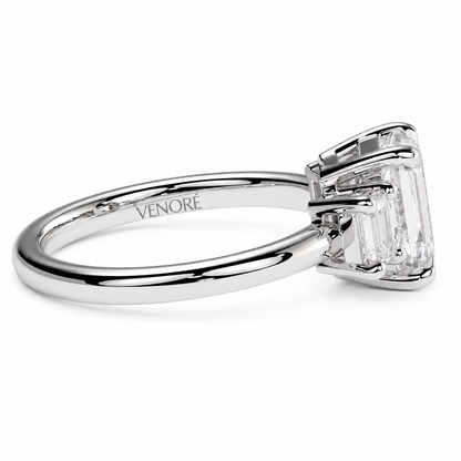 Emerald Cut Lab Grown Trilogy Diamond Ring With Emerald Side Stones ✧ 1-4 Carat