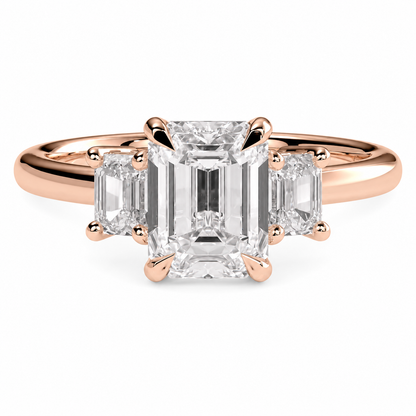 Emerald Cut Lab Grown Trilogy Diamond Ring With Emerald Side Stones ✧ 1-4 Carat
