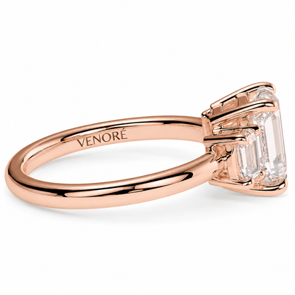 Emerald Cut Lab Grown Trilogy Diamond Ring With Emerald Side Stones ✧ 1-4 Carat