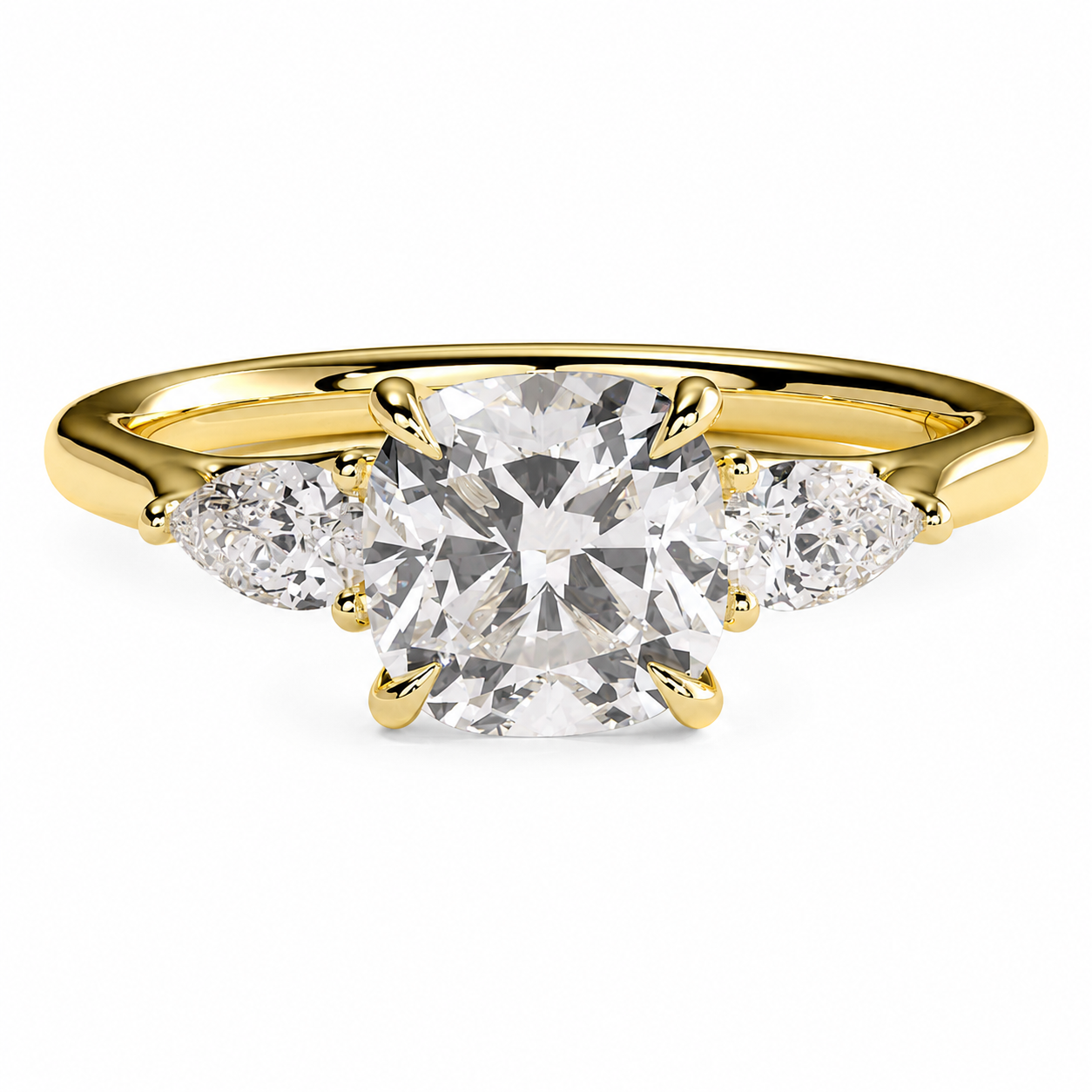 Cushion Cut Lab Grown Trilogy Diamond Ring With Pear Cut Side Stones ✧ 1-4 Carat