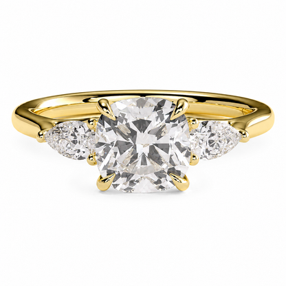 Cushion Cut Lab Grown Trilogy Diamond Ring With Pear Cut Side Stones ✧ 1-4 Carat