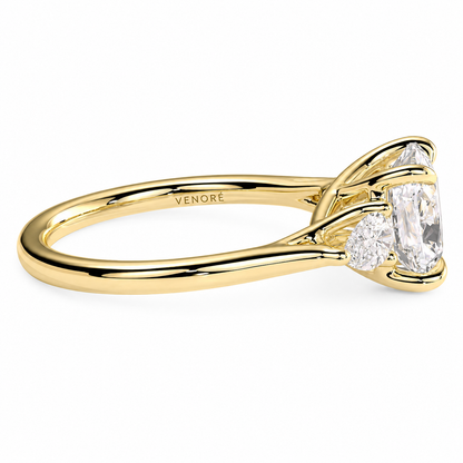 Cushion Cut Lab Grown Trilogy Diamond Ring With Pear Cut Side Stones ✧ 1-4 Carat