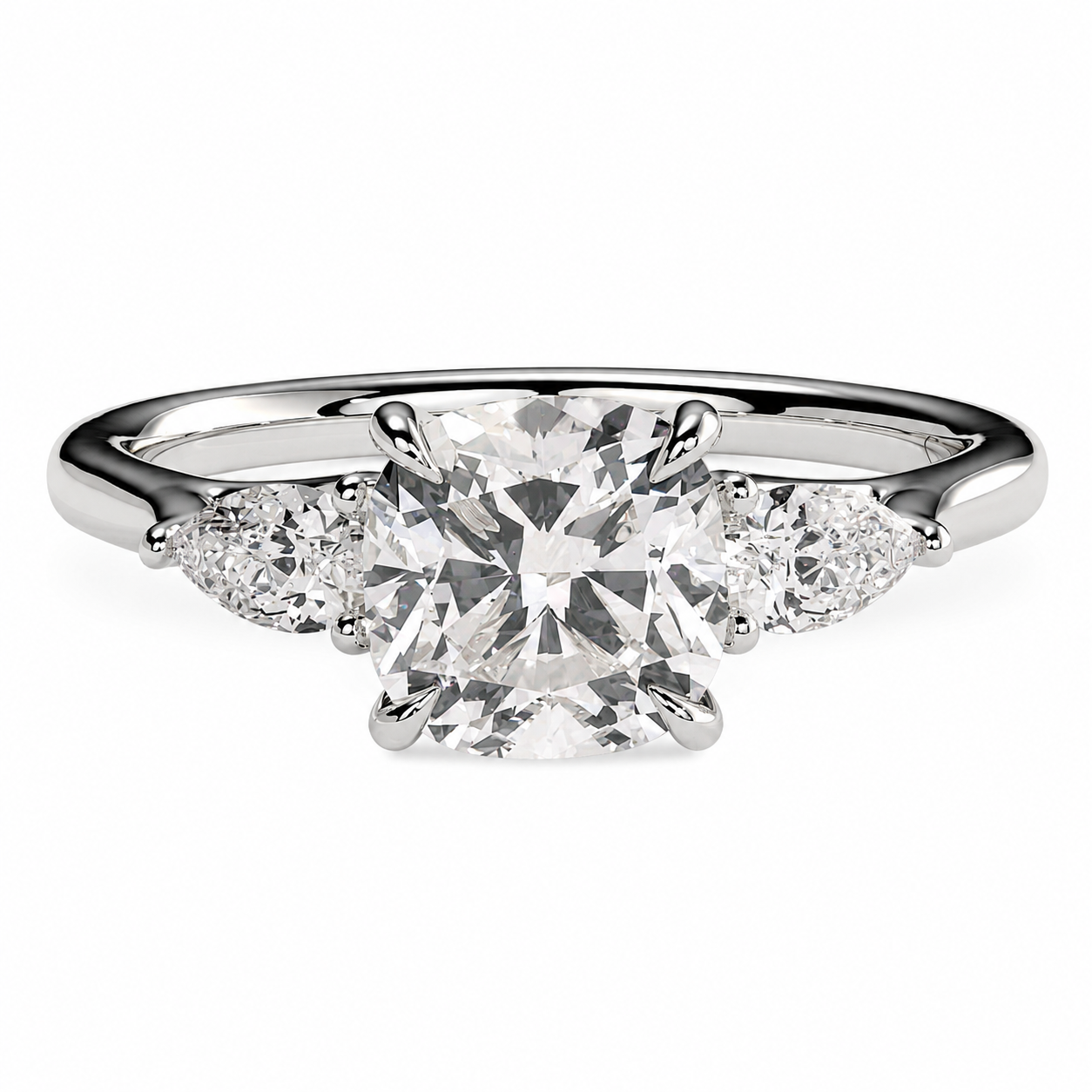 Cushion Cut Lab Grown Trilogy Diamond Ring With Pear Cut Side Stones ✧ 1-4 Carat