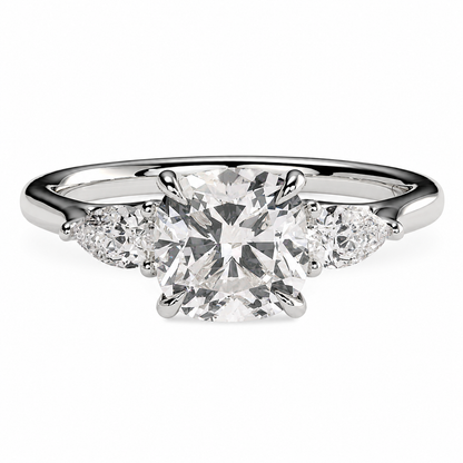 Cushion Cut Lab Grown Trilogy Diamond Ring With Pear Cut Side Stones ✧ 1-4 Carat