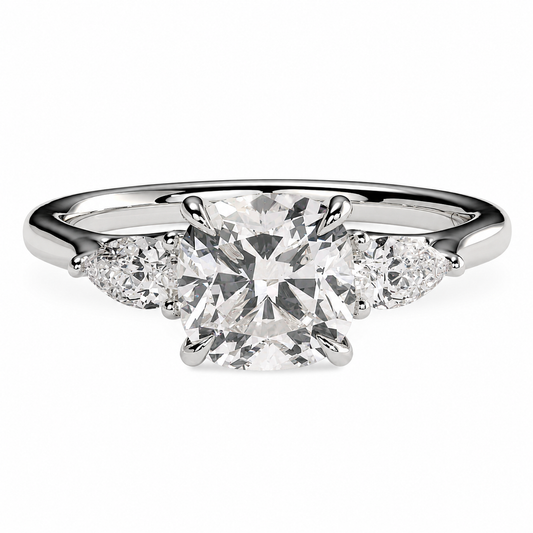 Cushion Cut Lab Grown Trilogy Diamond Ring With Pear Cut Side Stones ✧ 1-4 Carat