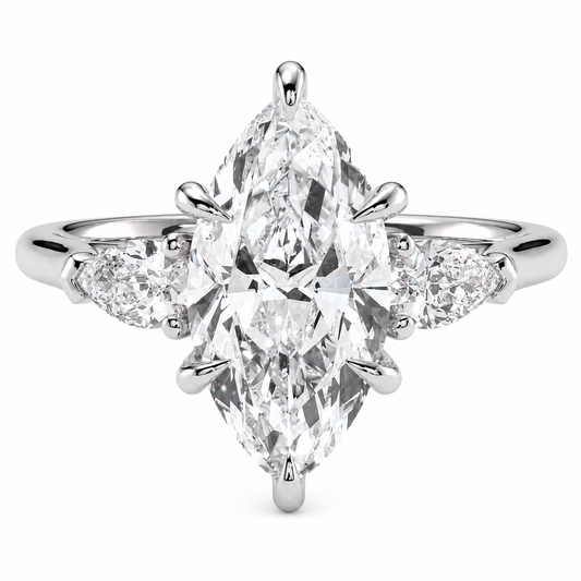 Marquise Cut Lab Grown Trilogy Diamond Ring With Pear Cut Side Stones ✧ 1-4 Carat