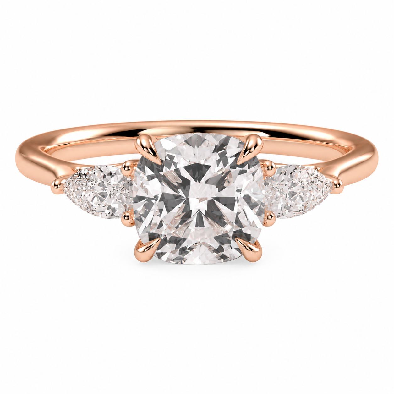 Cushion Cut Lab Grown Trilogy Diamond Ring With Pear Cut Side Stones ✧ 1-4 Carat
