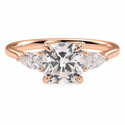 Cushion Cut Lab Grown Trilogy Diamond Ring With Pear Cut Side Stones ✧ 1-4 Carat
