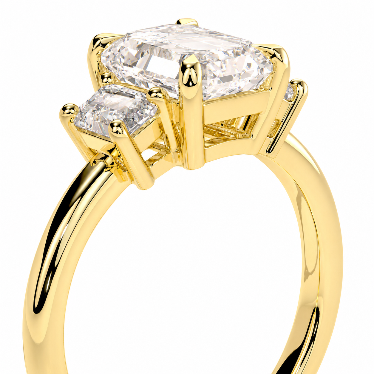 Emerald Cut Lab Grown Trilogy Diamond Ring With Emerald Side Stones ✧ 1-4 Carat
