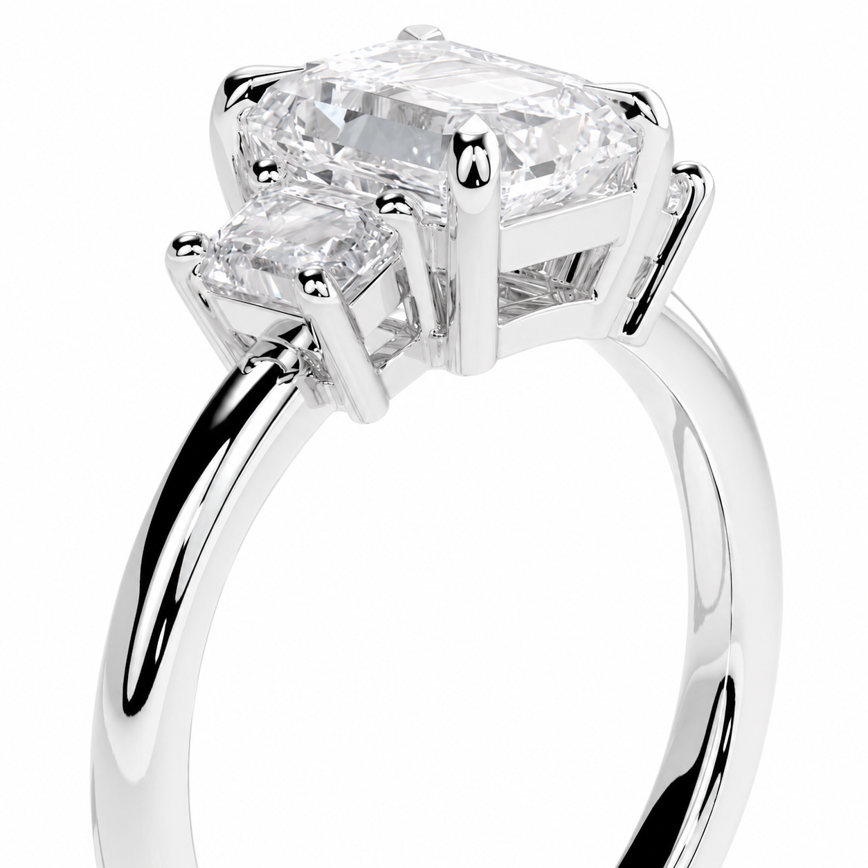 Emerald Cut Lab Grown Trilogy Diamond Ring With Emerald Side Stones ✧ 1-4 Carat
