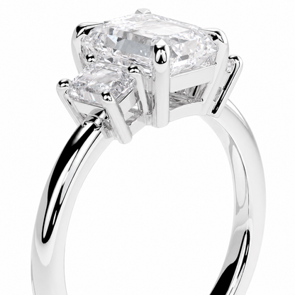 Emerald Cut Lab Grown Trilogy Diamond Ring With Emerald Side Stones ✧ 1-4 Carat