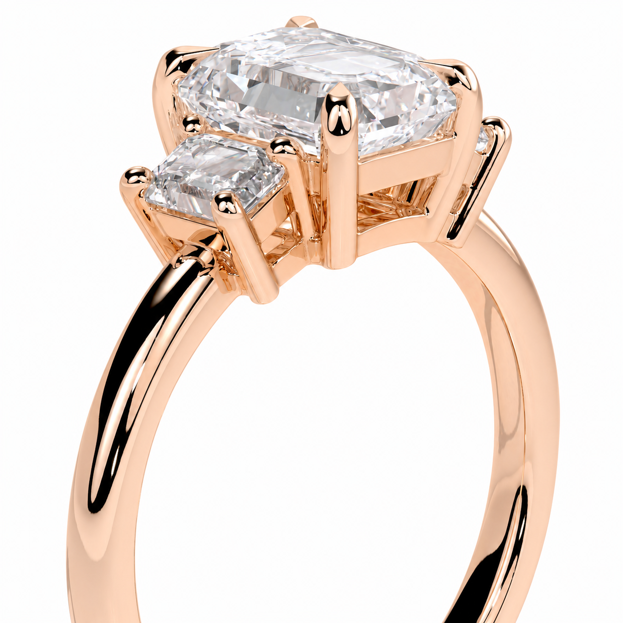 Emerald Cut Lab Grown Trilogy Diamond Ring With Emerald Side Stones ✧ 1-4 Carat
